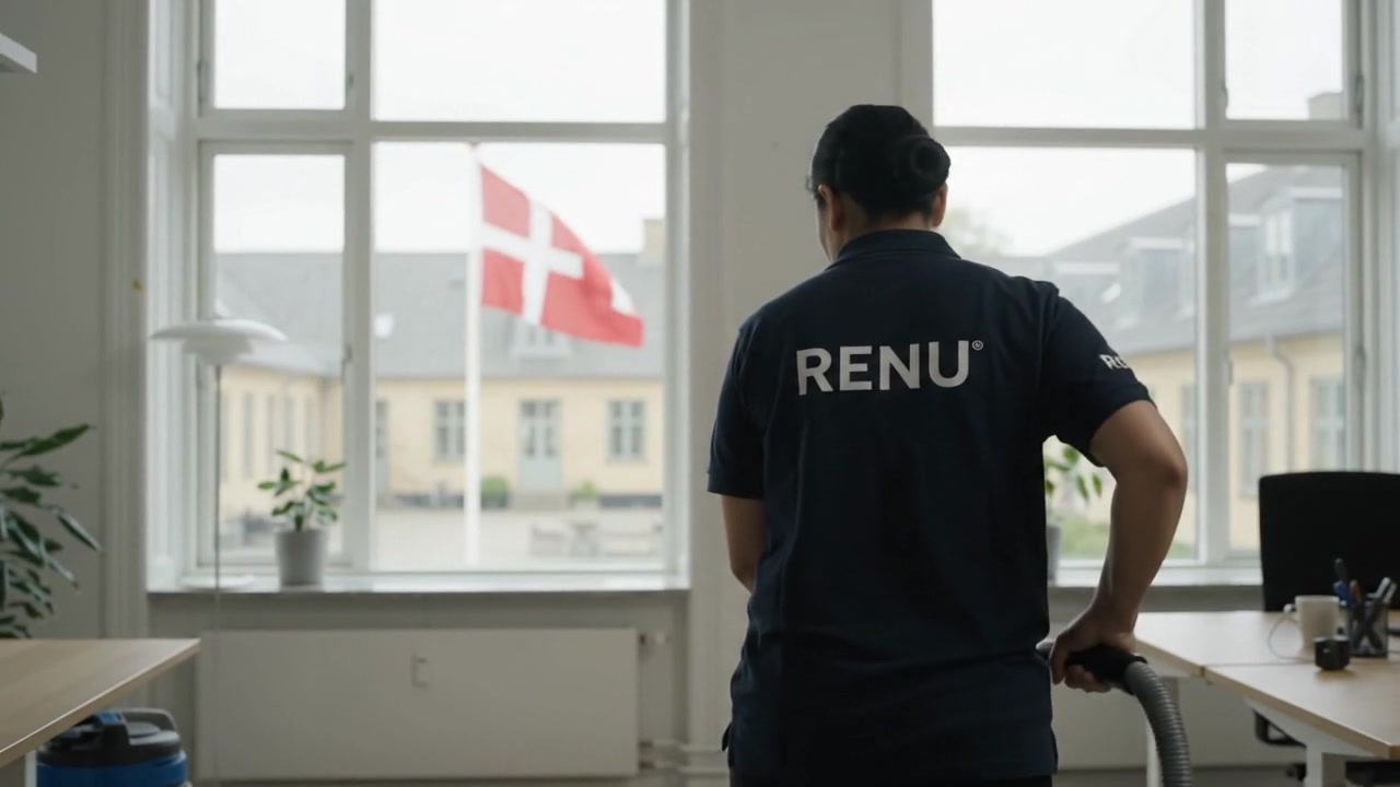 Støvsugning på kontor med Dannebrog og flagstang i baggrunden